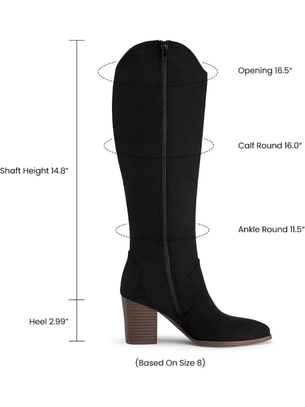 Women's Black Suede Chunky Heel Suede Pointed Toe Side Zipper Knee High Boots